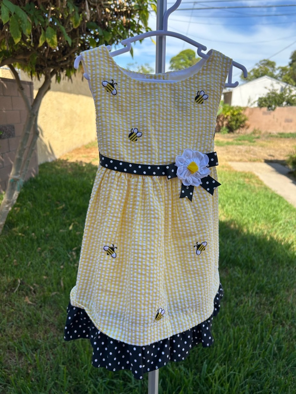 Yellow Bee Embroidered Girls' Casual Dress with Polka Dot Trim